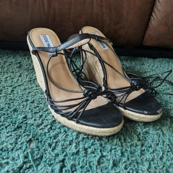 Steve Madden Starlight Black Strappy Wedge Espadrilles 9M - Picture 6 of 15